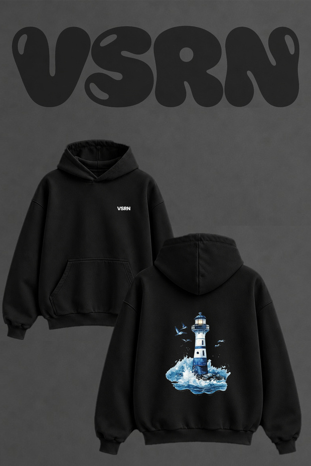 Lighthouse Waves Design Back Printed Oversize Black Hooded Sweatshirt