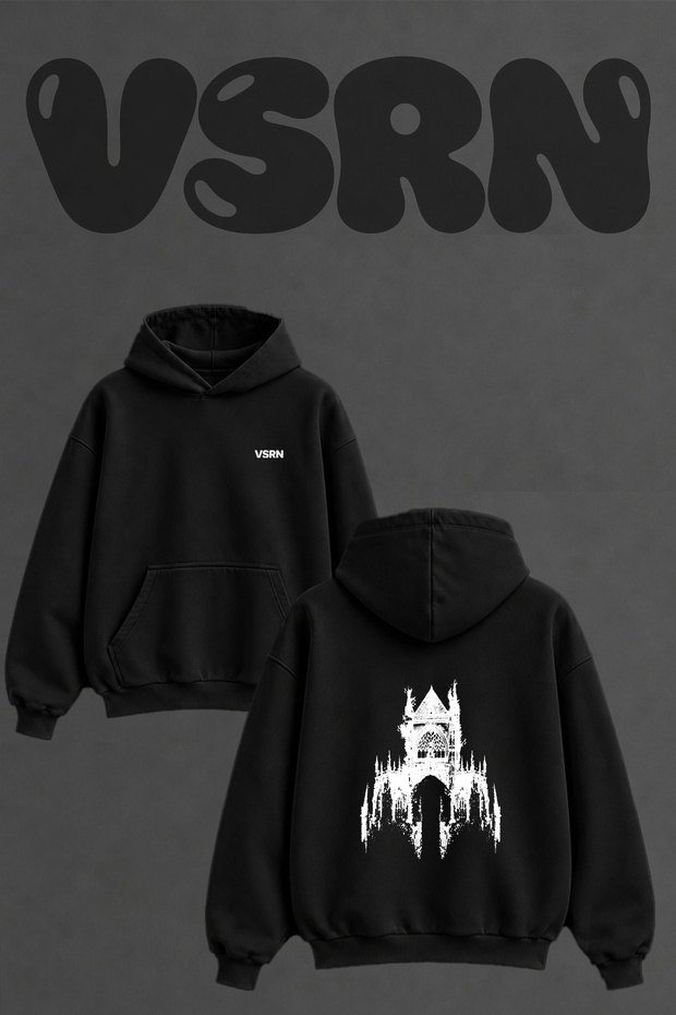 Gothic Cathedral Design Back Printed Oversize Black Hooded Sweatshirt