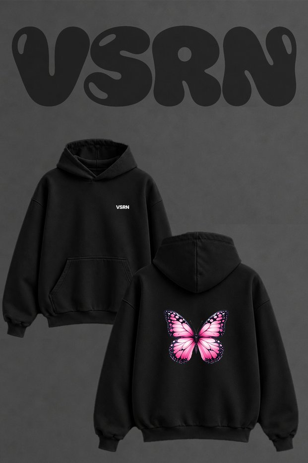 Pink Butterfly_3 Design Back Print Oversize Black Hooded Sweatshirt