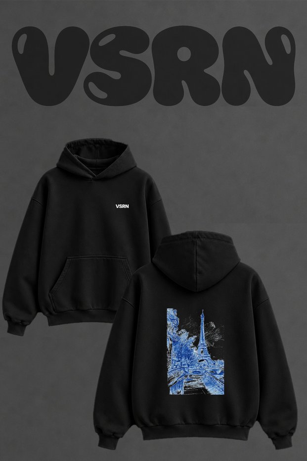 Eiffel Tower Design Back Printed Oversize Black Hooded Sweatshirt