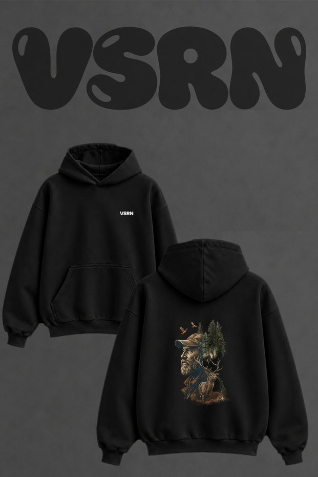 Hunter Stag Design Back Printed Oversize Black Hooded Sweatshirt