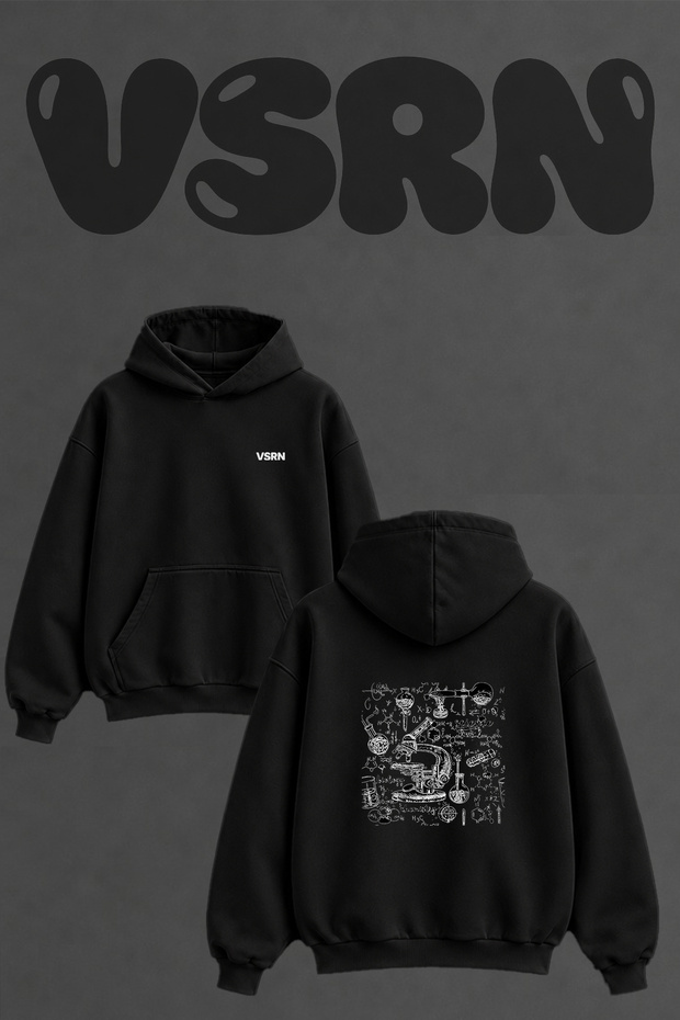 Laboratory Equipment Design Back Printed Oversize Black Hooded Sweatshirt