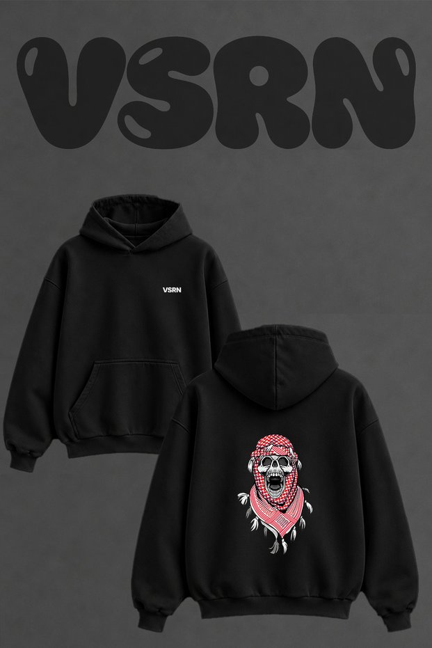 Skull Keffiyeh Design Back Printed Oversize Black Hooded Sweatshirt