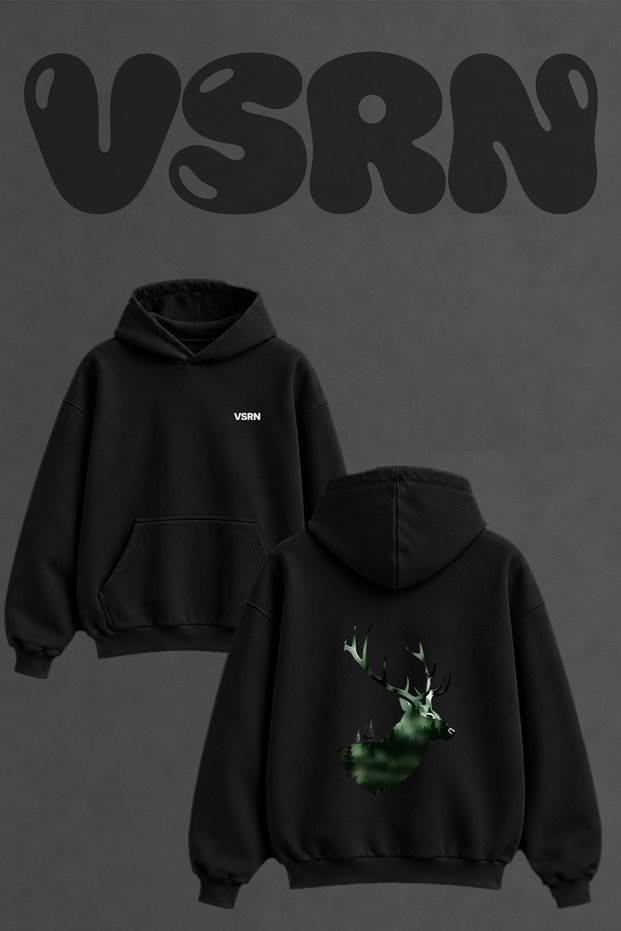Deer Forest Design Back Printed Oversize Black Hooded Sweatshirt