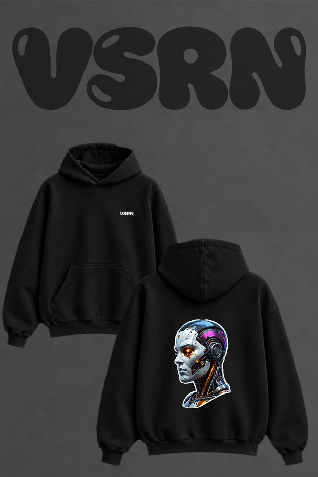 Fembot Design Back Printed Oversize Black Hooded Sweatshirt