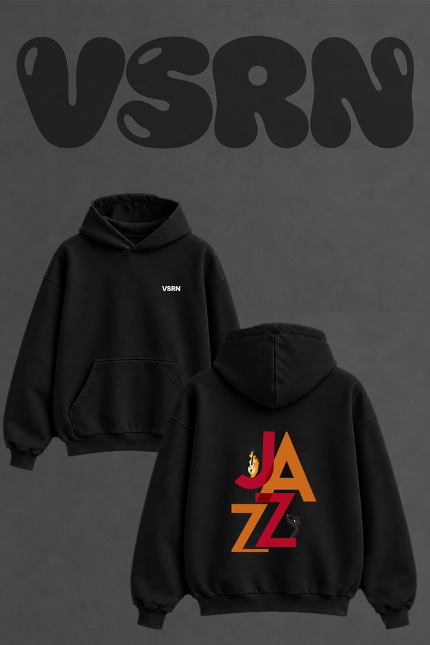 Jazz Design Back Printed Oversize Black Hooded Sweatshirt