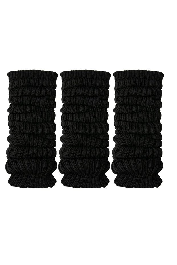 Women's Black Ribbed Knit Leggings Set of 3 | 97% Cotton 3% Polyester Drawstring Long Winter Leg Warmer