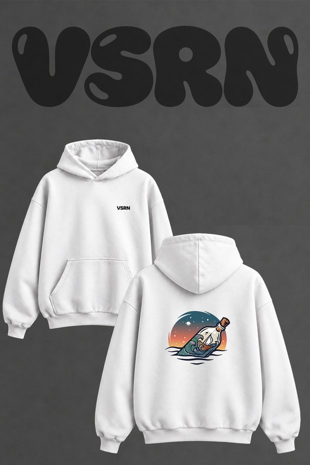 Sise Tekne Uzay Design Back Printed Oversize White Hooded Sweatshirt