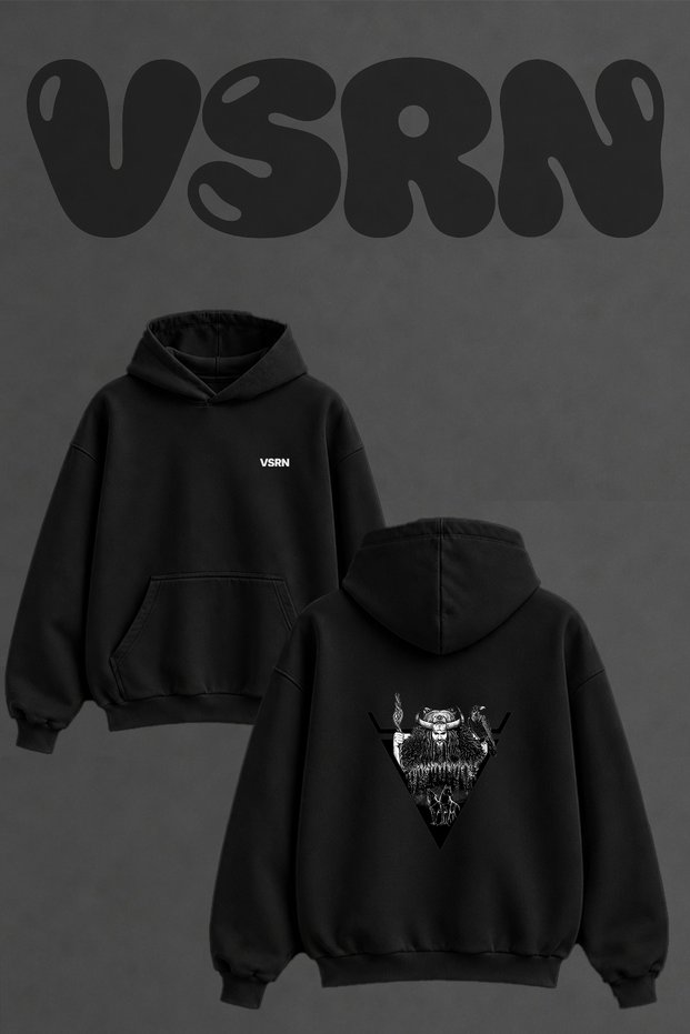 Norse Shaman Wolf Design Back Printed Oversize Black Hooded Sweatshirt