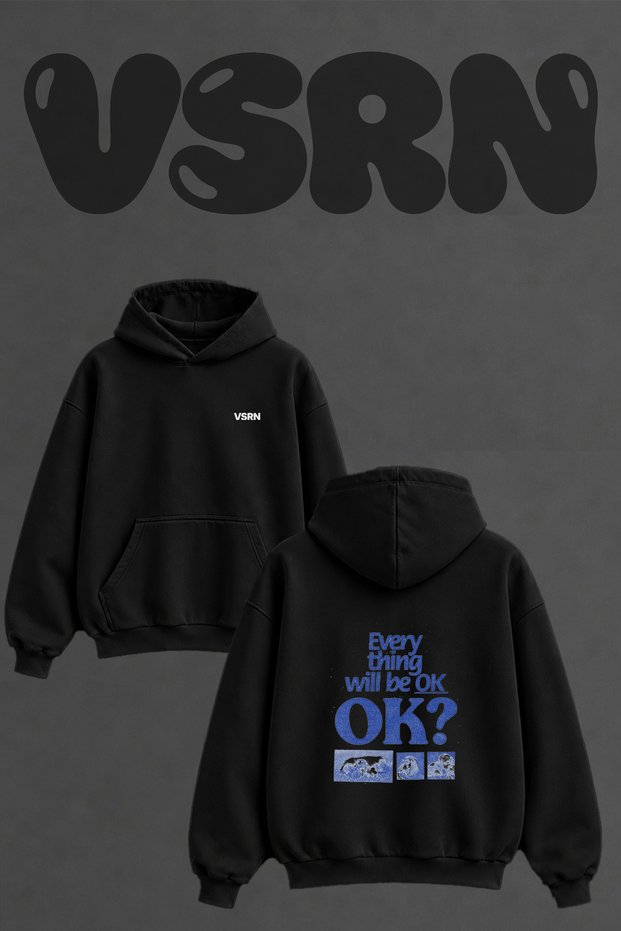 Ok Question Lambs Design Back Printed Oversize Black Hooded Sweatshirt
