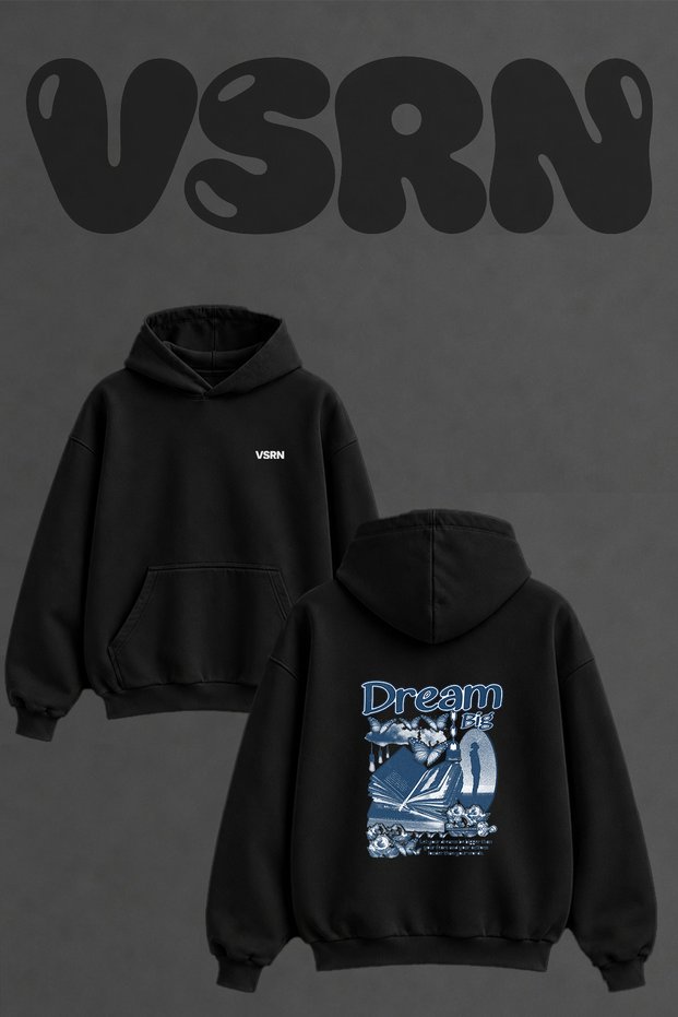 Dream Big Butterfly Design Back Print Oversize Black Hooded Sweatshirt