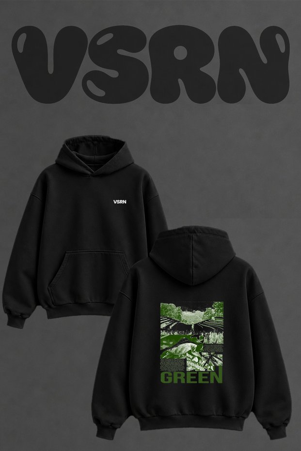 Green Nature Design Back Printed Oversize Black Hooded Sweatshirt