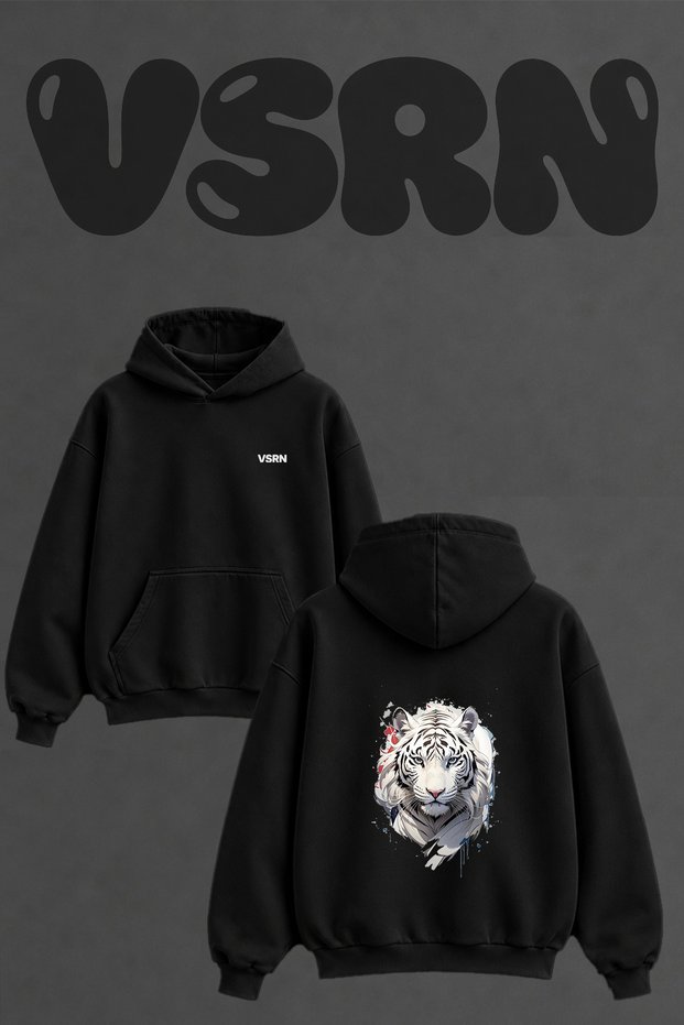 White Tiger Design Back Printed Oversize Black Hooded Sweatshirt