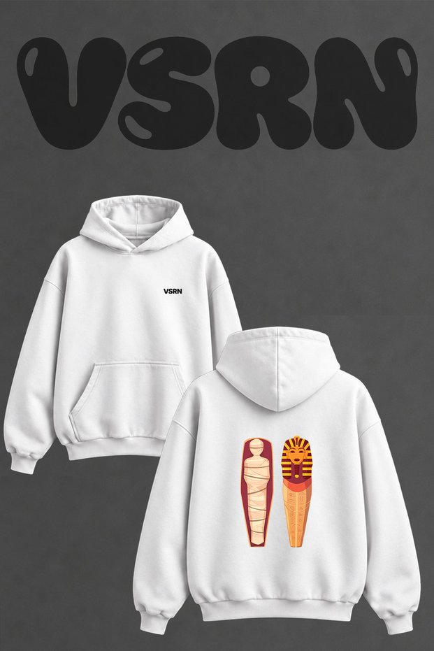 Mummy Sarcophagus Design Back Printed Oversize White Hooded Sweatshirt