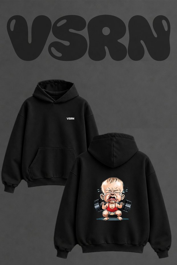 Baby Weightlifting Design Back Printed Oversize Black Hooded Sweatshirt
