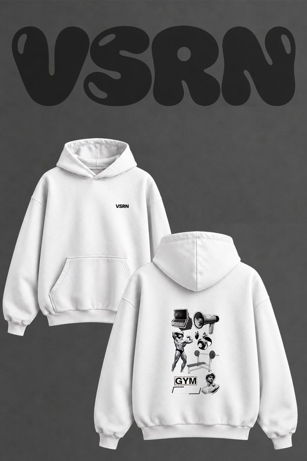 Bodybuilder Gym Design Back Printed Oversize White Hooded Sweatshirt