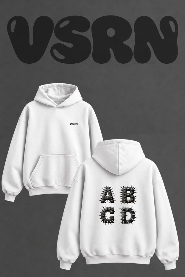Spiked Letters Design Back Print Oversize White Hooded Sweatshirt
