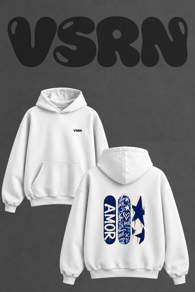 Amor Graffiti Skateboard Design Back Print Oversize White Hooded Sweatshirt
