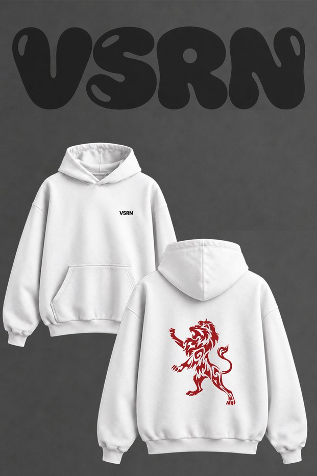 Lion Tribal Design Back Printed Oversize White Hooded Sweatshirt