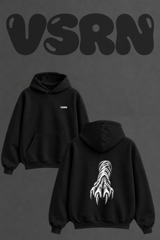 Tiger Claw Design Back Print Oversize Black Hooded Sweatshirt
