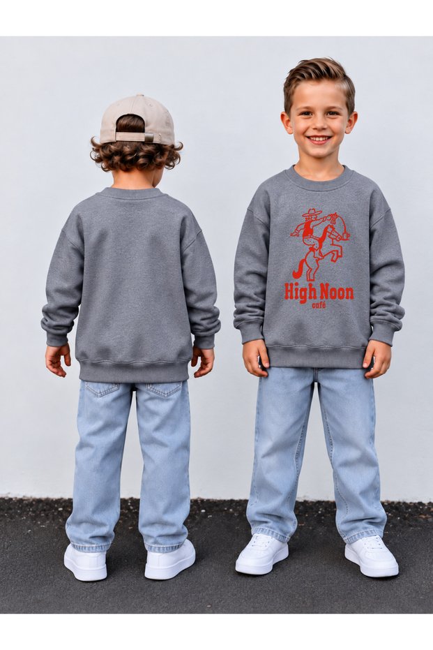 Boy's Crew Neck Printed Sweatshirt 3 Thread Threaded Winter Comfortable Fit Cotton Sweatshirt