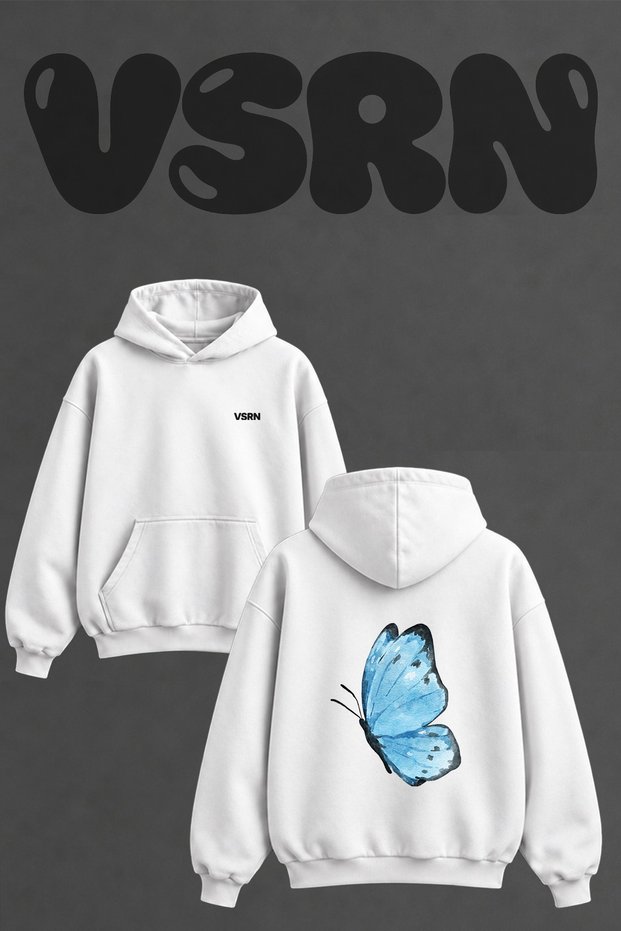 Blue Butterfly Design Back Printed Oversize White Hooded Sweatshirt