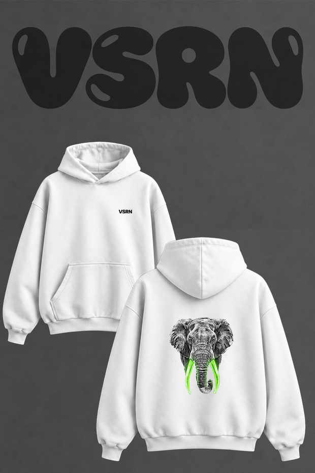 Neon Elephant Design Back Printed Oversize White Hooded Sweatshirt