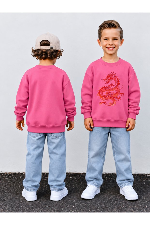 Boy's Crew Neck Sweatshirt Printed 3 Yarn Threaded Winter Comfortable Fit Cotton Sweatshirt