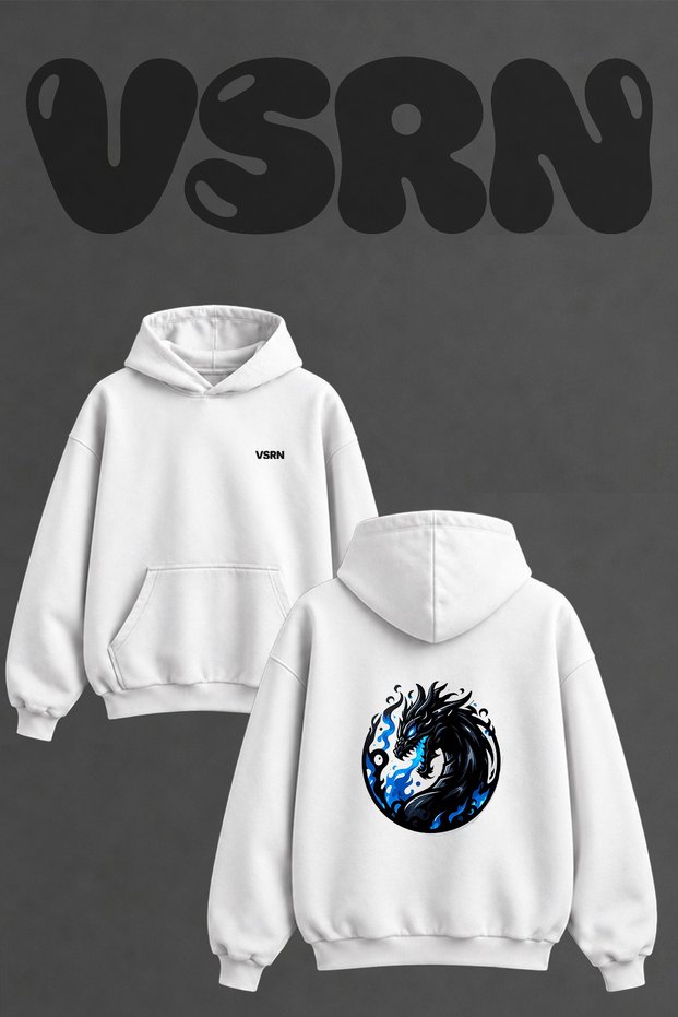 Blue Flame Dragon Design Back Printed Oversize White Hooded Sweatshirt