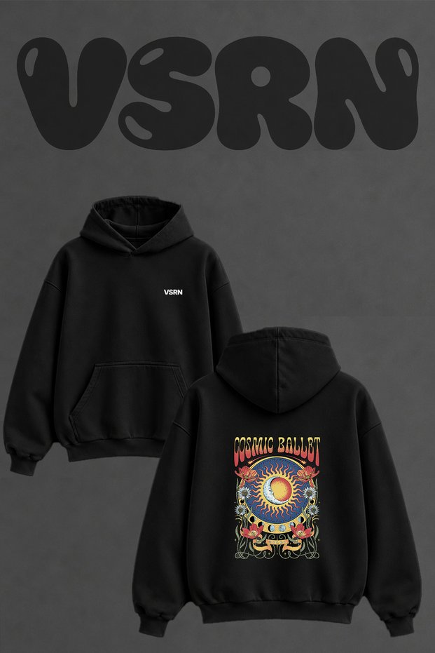 Ay Gunes Cicek Design Back Printed Oversize Black Hooded Sweatshirt