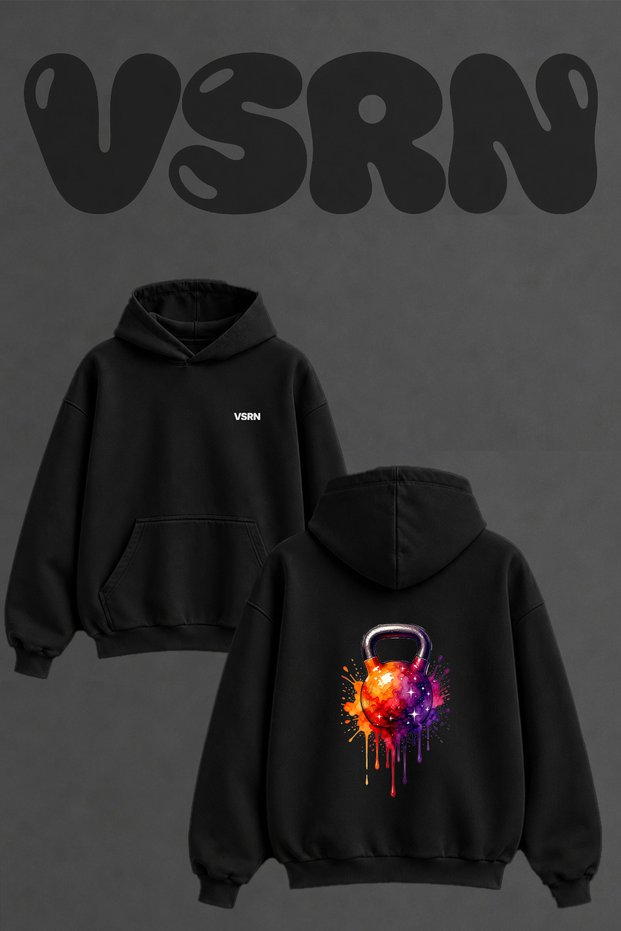 Kettlebell Galaxy Design Back Printed Oversize Black Hooded Sweatshirt