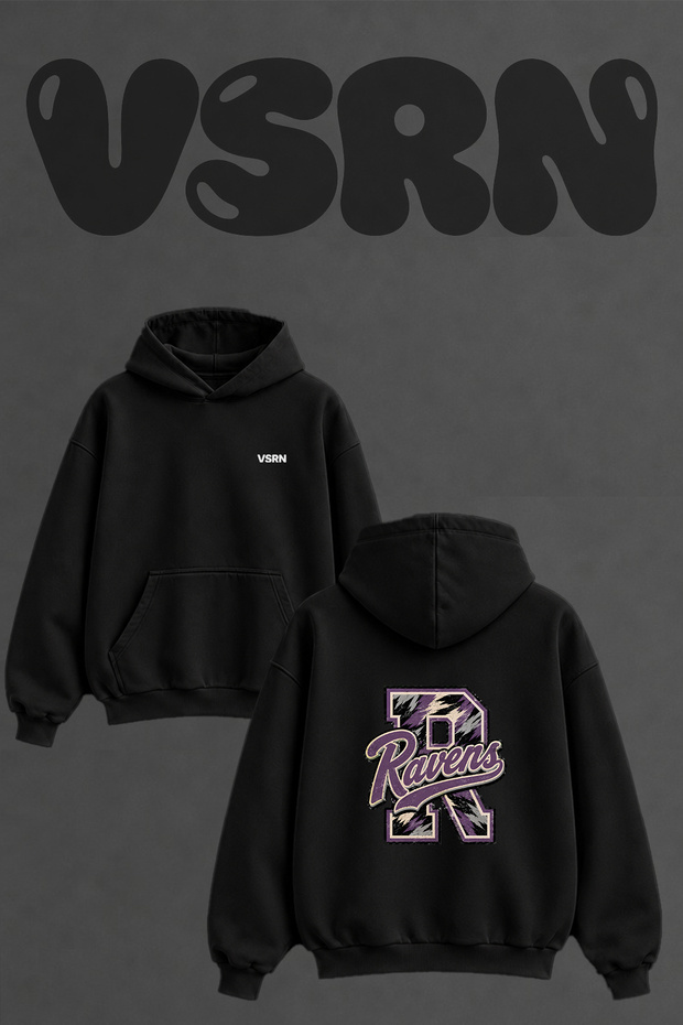 R Ravens Design Back Printed Oversize Black Hooded Sweatshirt