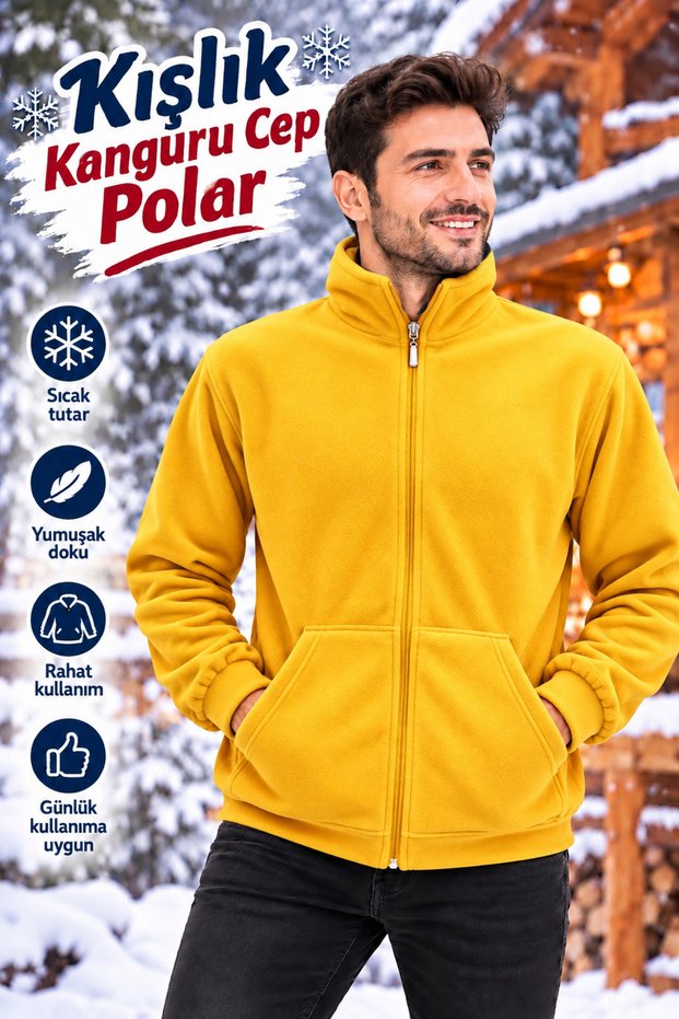 Unisex Windproof Outdoor Full Zip Fleece Jacket Cardigan with Kangaroo Pocket