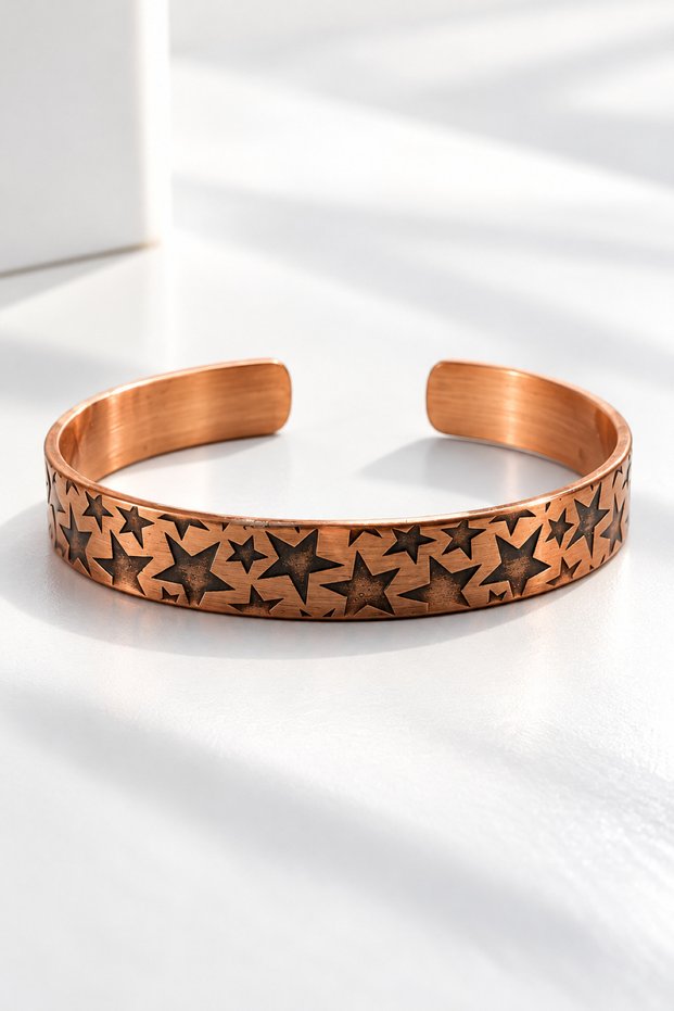 Star Patterned Copper Bracelet for Women, Adjustable Open-Ended Ayetel Kürsi Felak Nas Hilye-I Şerif Written