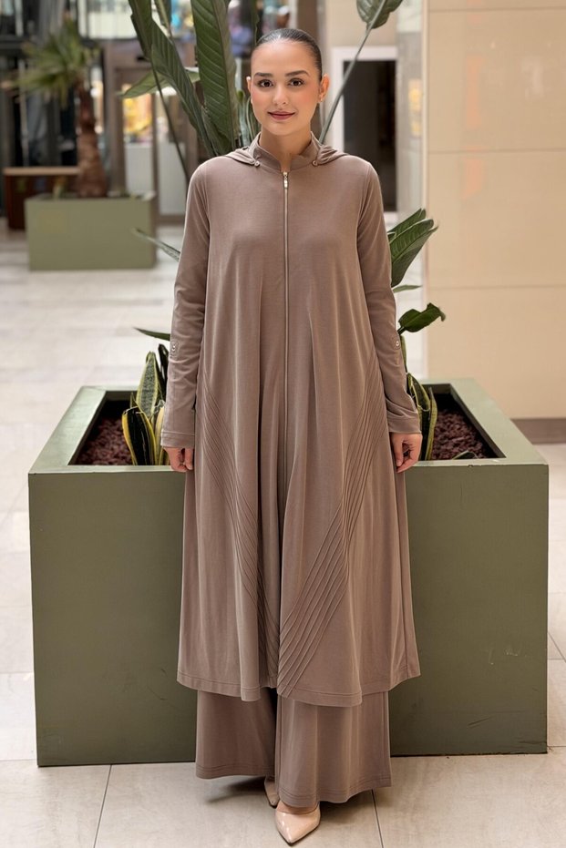 Removable Hooded Front Zipper Long Cap Pants Set