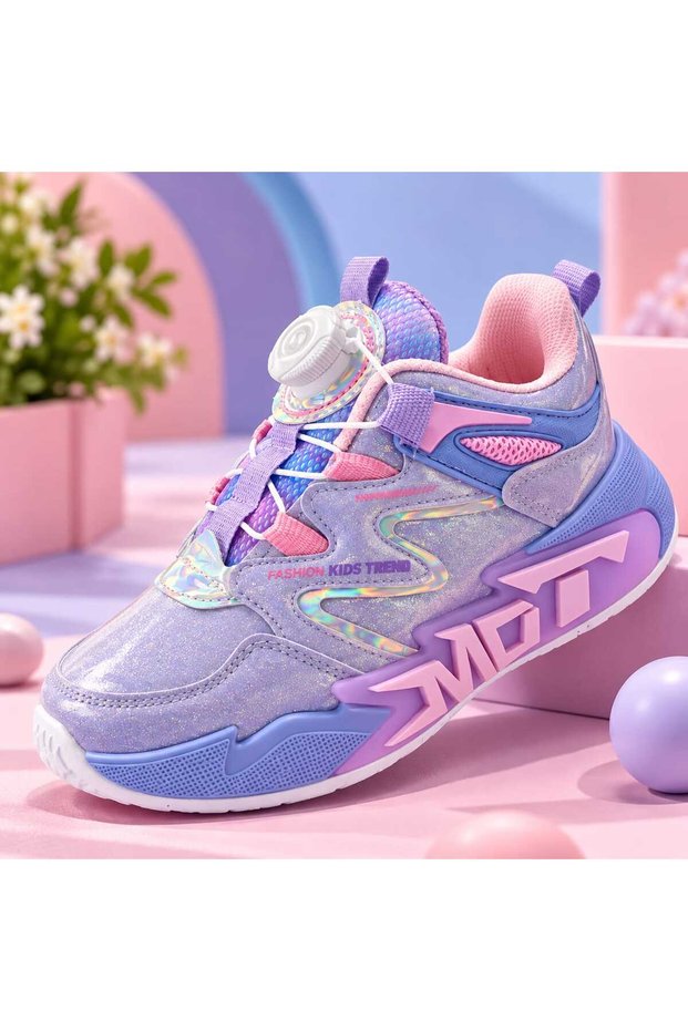 Girl's Lilac Pink Sparkly Sneakers with Rotating Buckle and Velcro Thick Sole Trendy Model