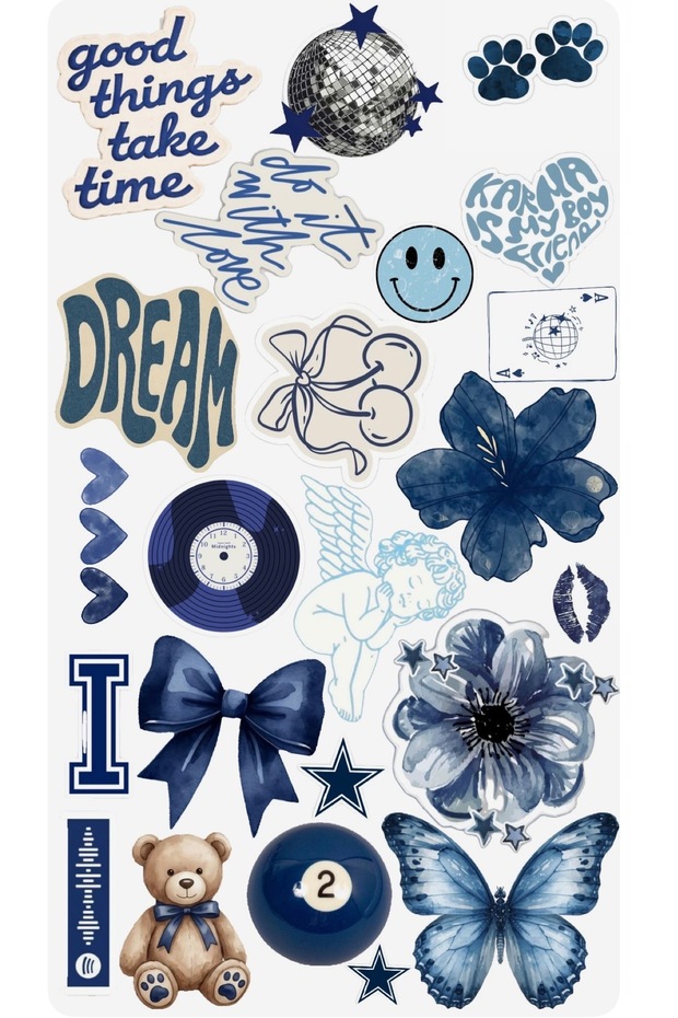Aesthetic and Coquette Themed Decorative Sticker Set in Blue Tones (22X30 cm) - Ribbon, Butterfly, and Laptop Decal