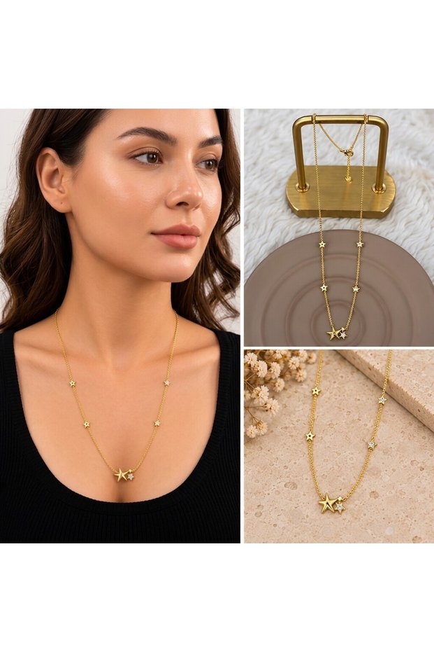๐ Premium Shiny and Stylish Star Detailed Gold Color Women's Steel Necklace (45 cm)