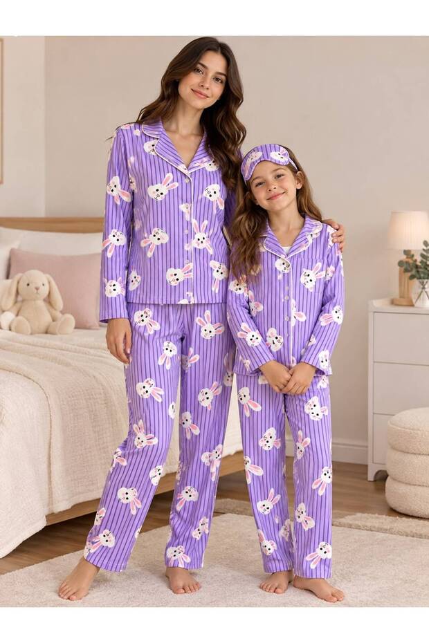 Mother-Daughter Cotton Suede Fabric Winter Pajama Set with Rabbit Pattern in Lilac Color and Sleep Band (Price Is for 1 Piece)