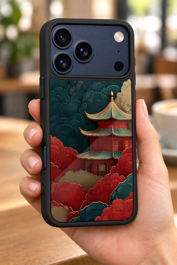 حافظة مقاومة للصدمات متوافقة مع هاتف iPhone 18 Pro مع حماية للكاميرا بنمط China Temple