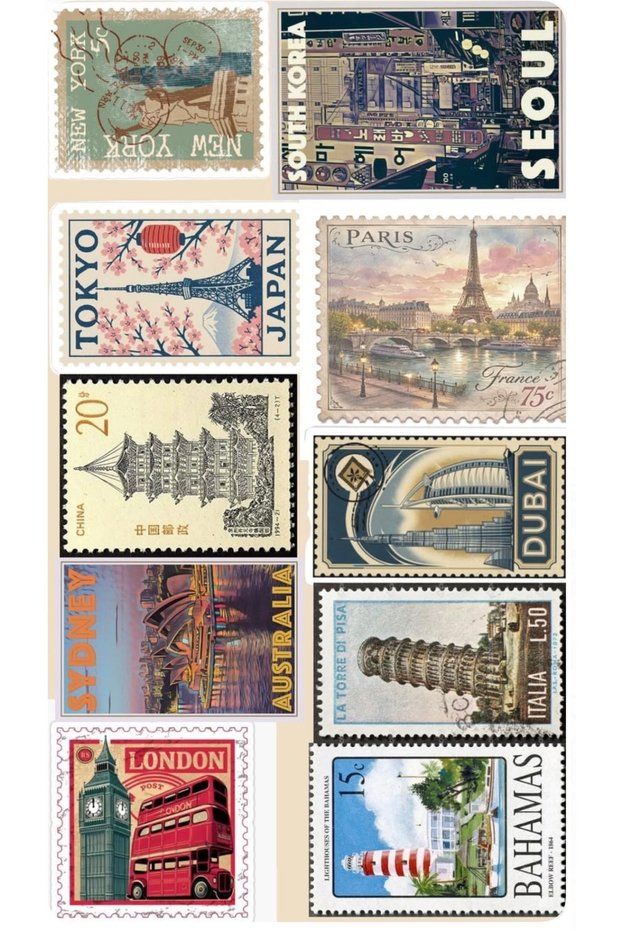 Vintage World Cities Postage Stamp Themed Decorative Sticker Set (22X30 cm) - Paris, New York, London Concept Junk Journal Decal