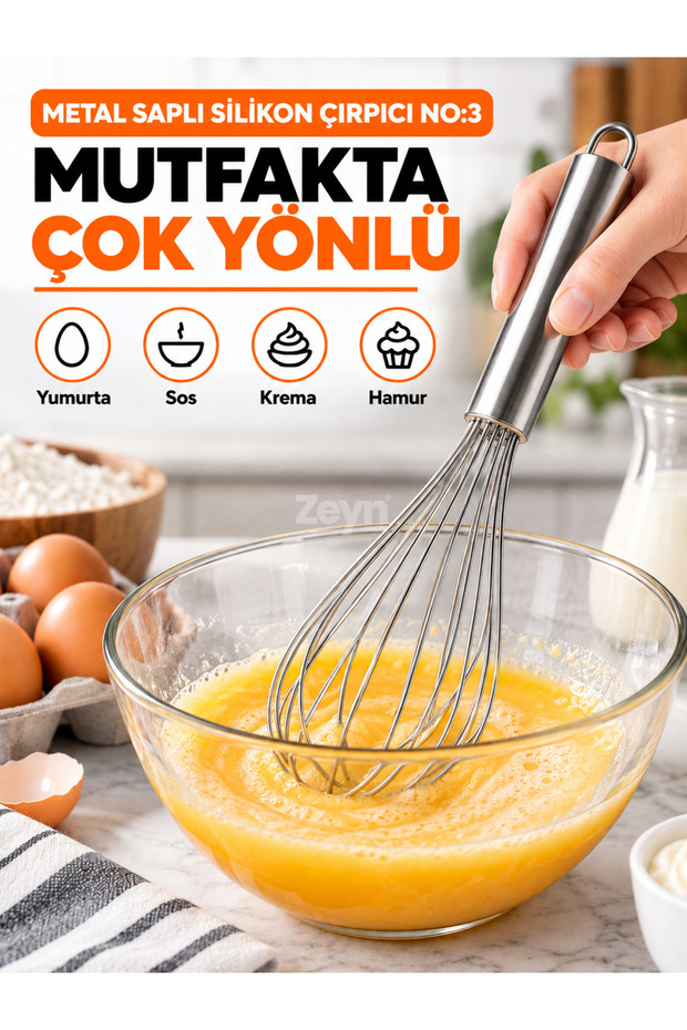 Silicone Whisk with Metal Handle No:3 – Egg Whisk and Dough Mixer Kitchen Utensil