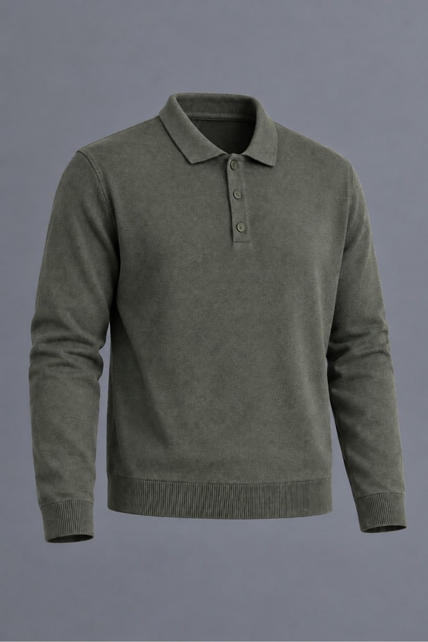 Men's Polo Collar Buttoned Casual Knitwear Smoked Sweater
