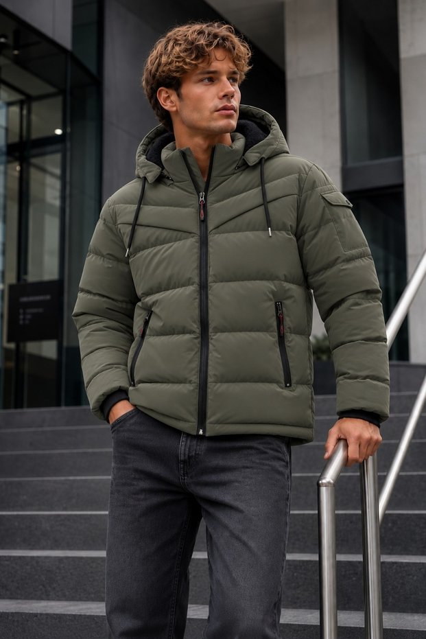 Men's Hooded Winter Thick Puffer Khaki Coat