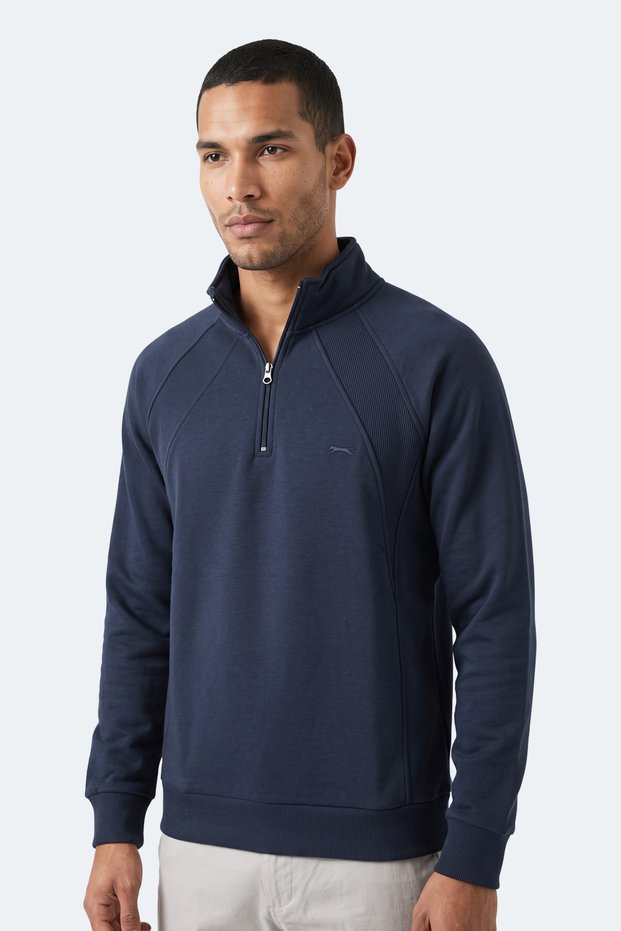 Mavon I Men's Stand Collar Zippered Navy Blue Sweatshirt