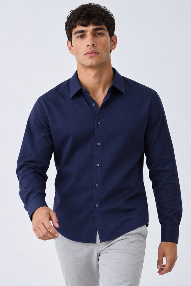 Men's Classic Collar Long Sleeve Buttoned Navy Blue Shirt
