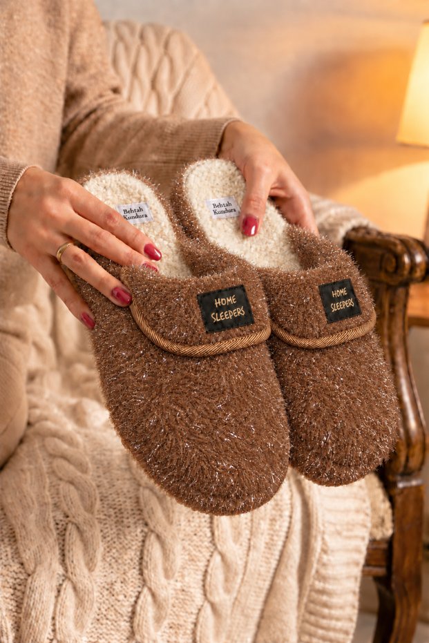 Glittery Women's Patterned Maternity Postpartum Non-Slip Lightweight Sole Home Slippers Furry Slippers Dowry Bundle
