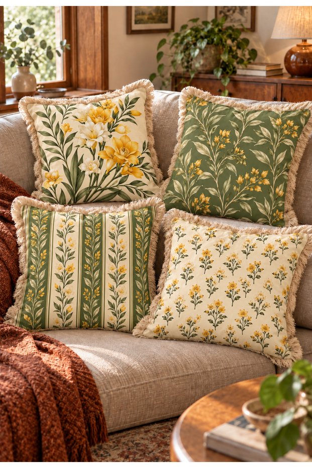 Maison Aurelia Premium Fringed 4-Piece Throw Pillow Cover Set |   Sage Green Cream Yellow Floral Pattern |   Vintage Botanical Stylish Living Room Decor