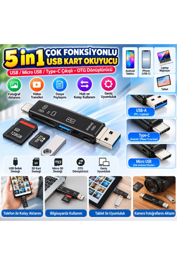 5 in 1 Multifunctional USB 2.0 Micro Sd Card Reader - Usb/Micro Usb/Type-C Output, Otg Converter