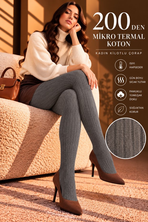 Women's 200 Den Micro Thermal Pantyhose Thin Tight Ribbed Patterned Cotton Textured Winter Thick Warm Socks